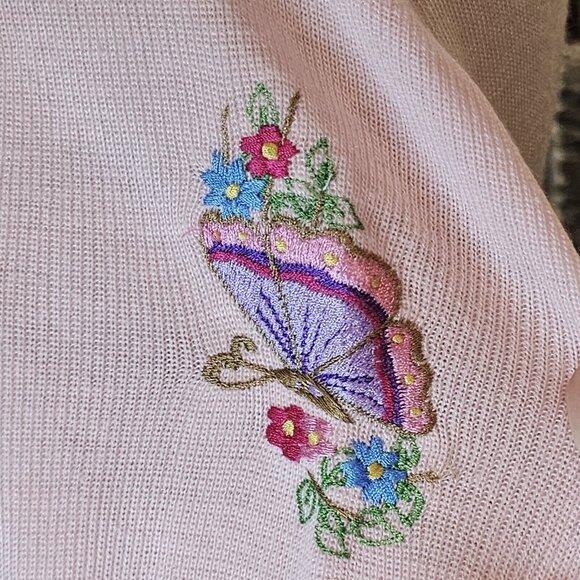 Retro 70s Womens Medium Sweater‎ Pink Embroidered Butterflies Flowers - Picture 6 of 9